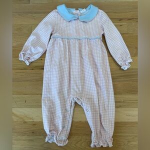 Classic Pink Gingham One-Piece Romper with Blue Collar